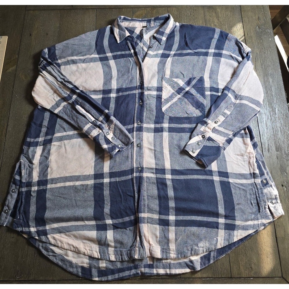 Free People Come On Plaid Shirt Women SM Oversized Slouchy Casual Boho Cozy FLAW - Picture 2 of 9